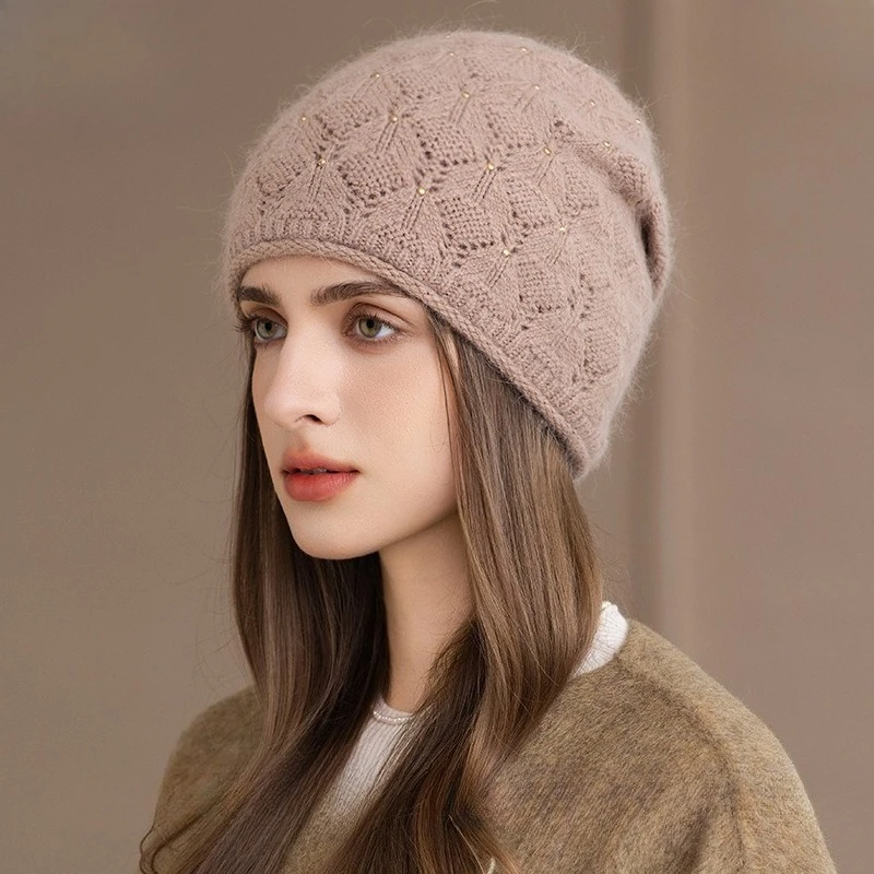 Hot Sale Golden Bead Rabbit Hair Hat New Rabbit Hair Knitted Stacking Hat Versatile Korean Version Confinement Baotou Hat