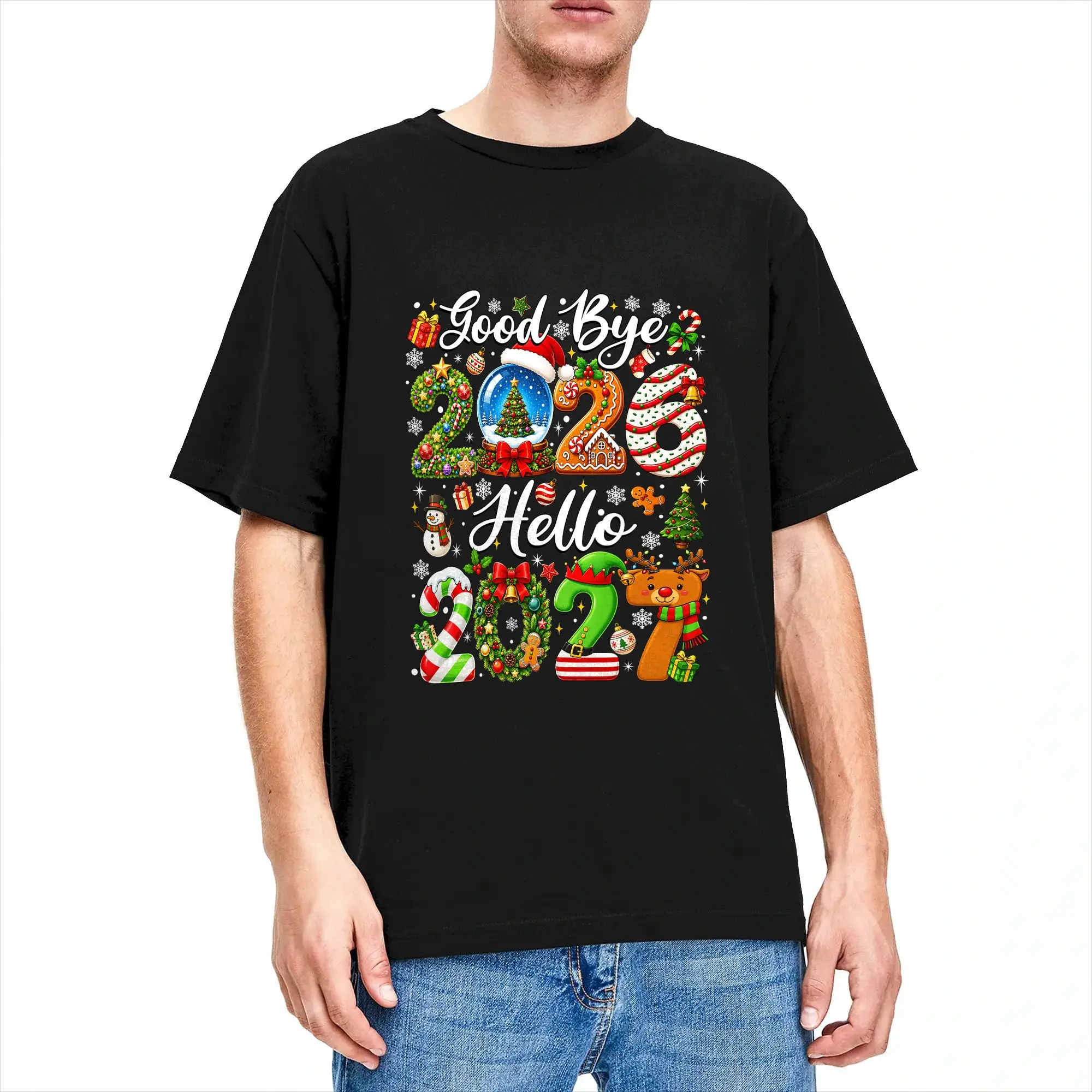Men's Goodbye 2026 Hello 2027 Christmas New Year Family Matching T Shirts  Pure Cotton Clothes Short Sleeve Crew Neck Tee Shirt