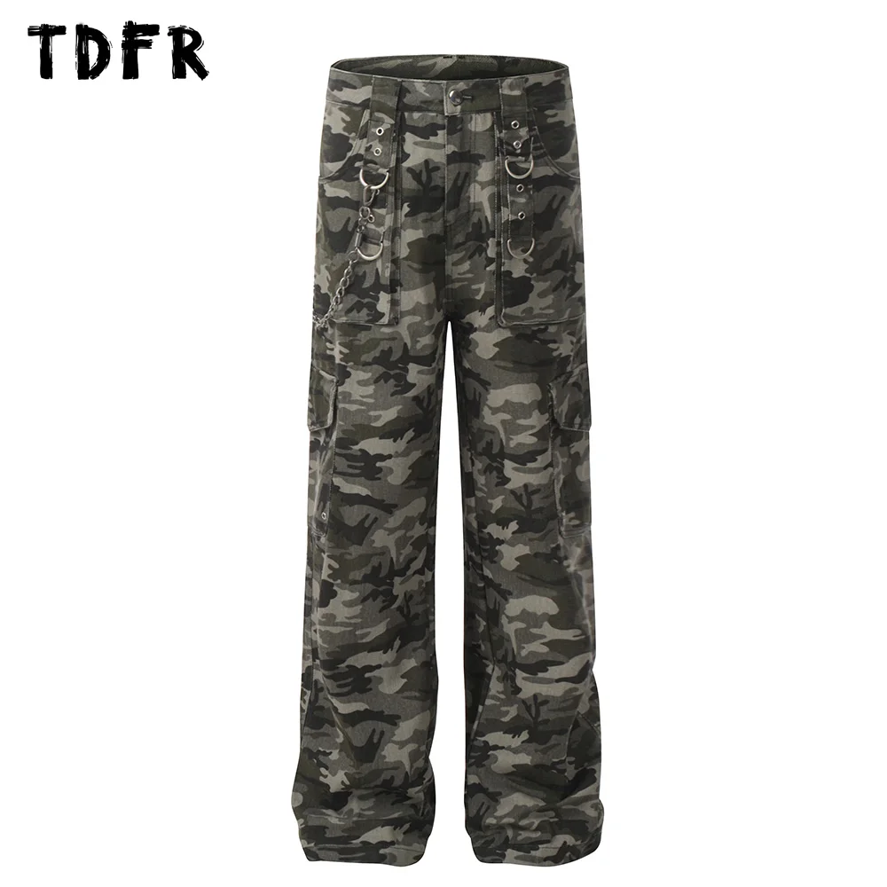 Camouflage Cargo Pants Mens Chain Decoration Streetwear Pocket Loose Straight Wide leg Trousers Men