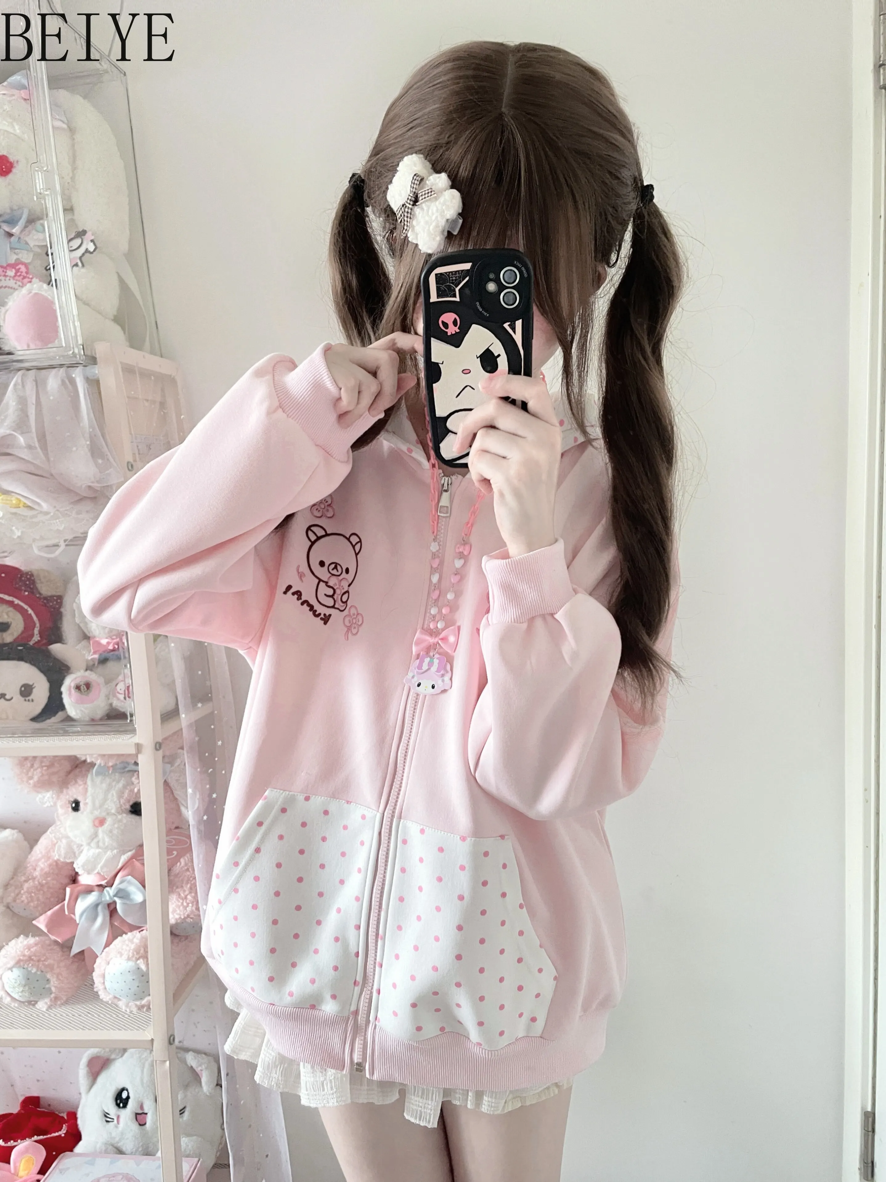 2026 New Spring Autumn Loose Coat Bear Ears Hooded Coats for Women Zipper Jacket Fashion Girl's Kawaii Causal Jackets