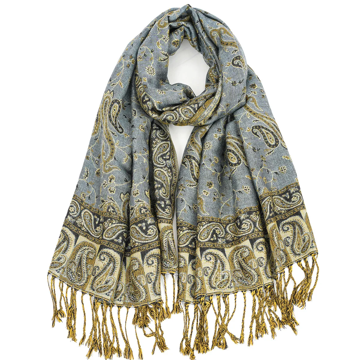 A women\'s multicolored vintage paisley pashmina bohemian style long tassel windproof casual scarf shawl