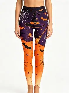 Women Mid‑Rise Fleece Lined Leggings, Halloween Witch Hat Broom Bat Spider Web Print Slim Stretch Party Pants