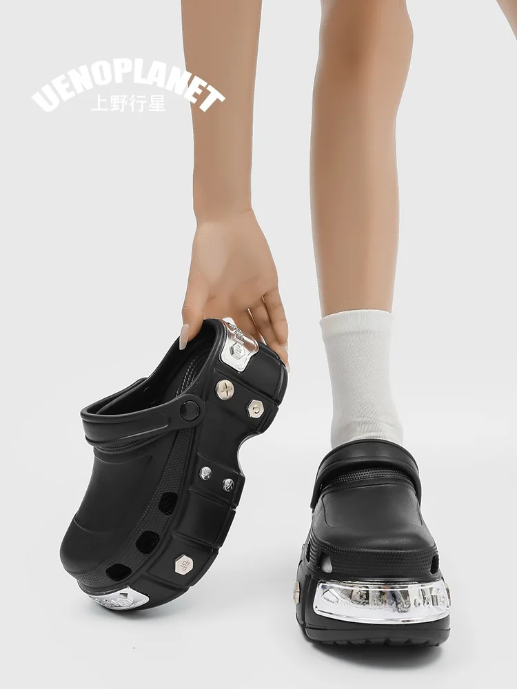 Parisian Style Men's Summer Commuter Thick Bottom EVA Sandals with Metal Rivets And Toe Covering Beach Shoes Increased Height