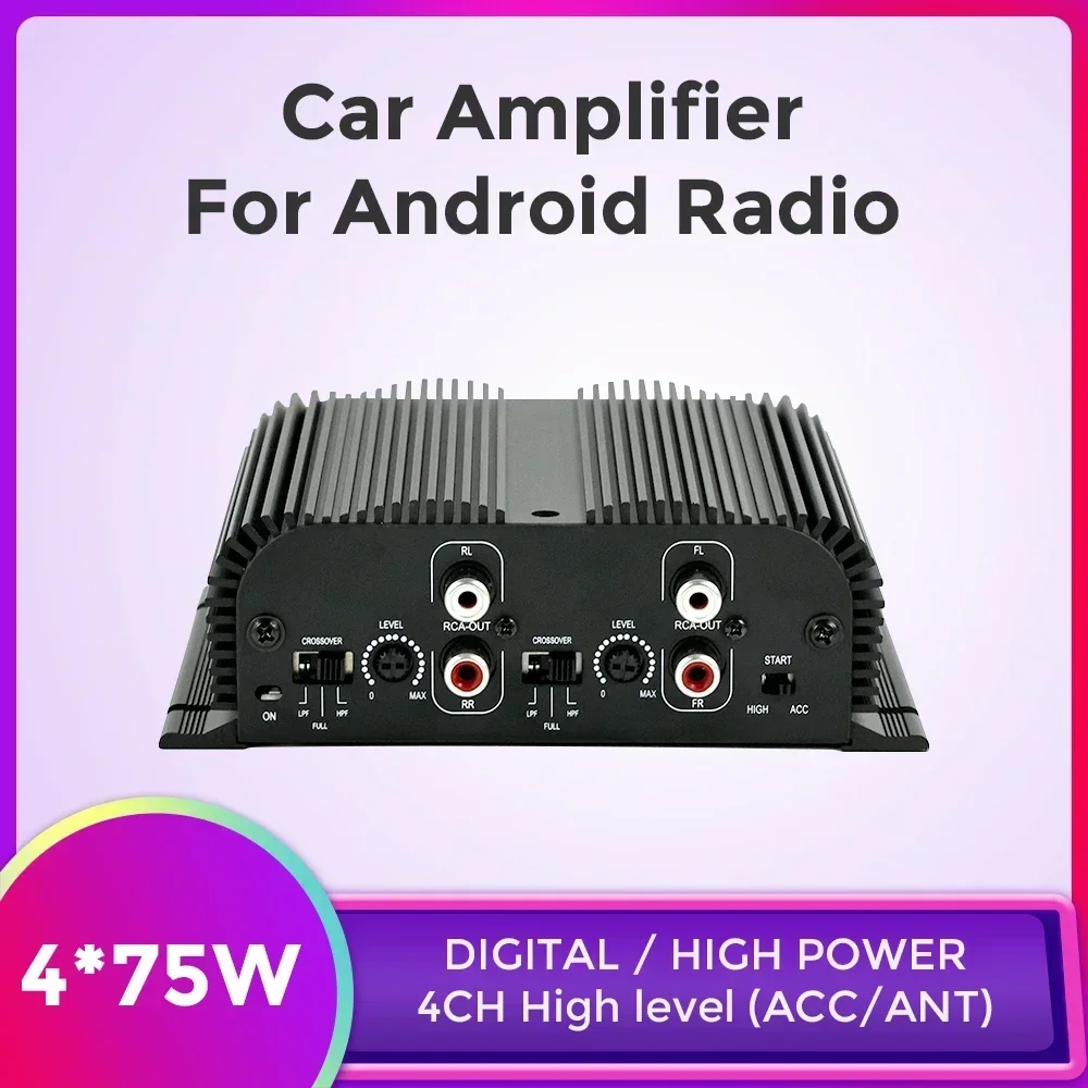 Car Digital Amplifier 4*75W Enhance Sound Quality 4Channel High Level Input Pass Power Chips Aluminum Cooling RCA Output ACC ANT