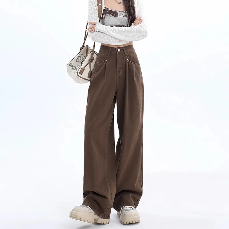 

Women Jeans Wide Leg Pants Denim Washing High Waist Loose Fit Pockets Basics Full Length Pants Solid Color Slight Strech 2024