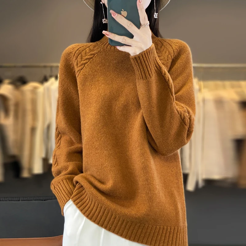 Frauen Pullover Für Winter 100% Merino Wolle Mock Neck Dicke Warme Pullover Twist Blume Langarm Reine Wolle Stricken Koreanische Mode