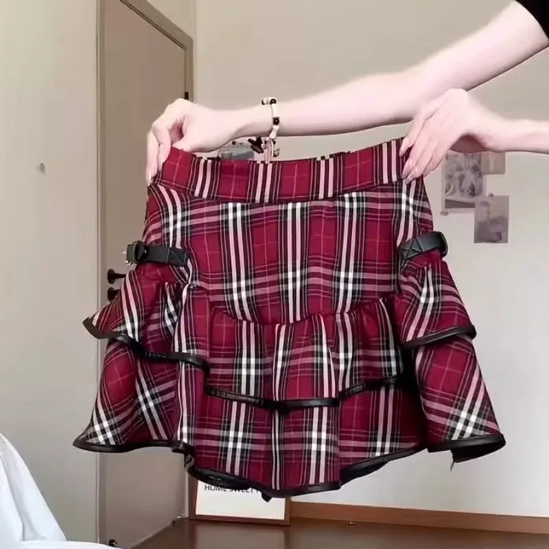 American Retro Plaid Cake Short Skirt Women's Versatile Sweet Cool Hot Girl Skirt White Top Two-piece Set Exquisite Temperament