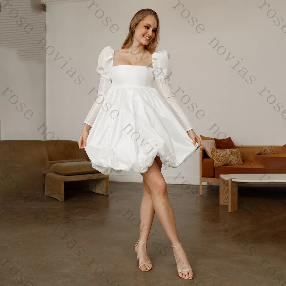 Customized Vintage Satin Wedding Dress Square Neck Puff Sleeves Short Bridal Gowns Sweet Princess Ball Gown Party Homecoming