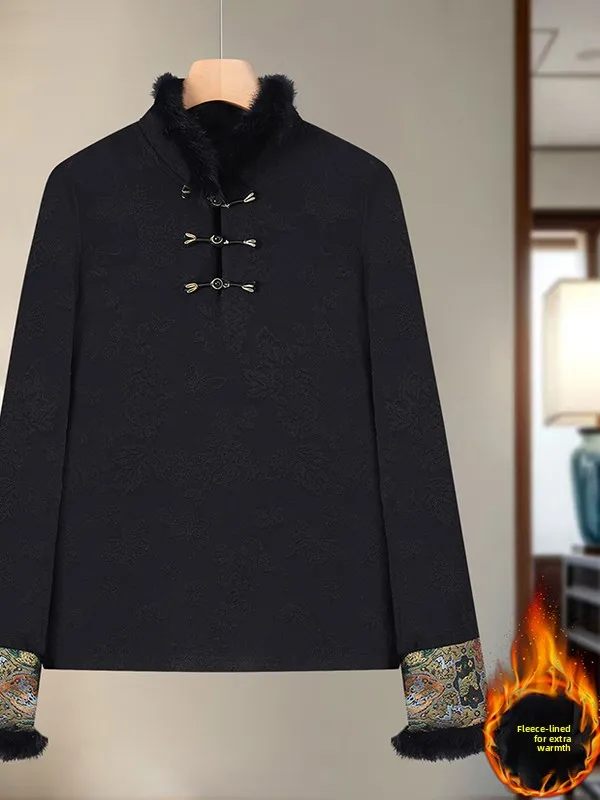 

Новая китайская теплая базовая рубашка с воротником-стойкой и флисовой подкладкой для пожилых женщин, удобные теплые длинные брюки из утолщенного полиэфирного волокна