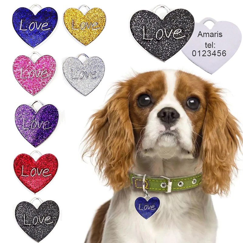 Glitter Heart Metal Dog Tag Personalized Lettering Pet Identity Tag Dog Collar Anti-Lost Pendant Pet Supplies Accessories