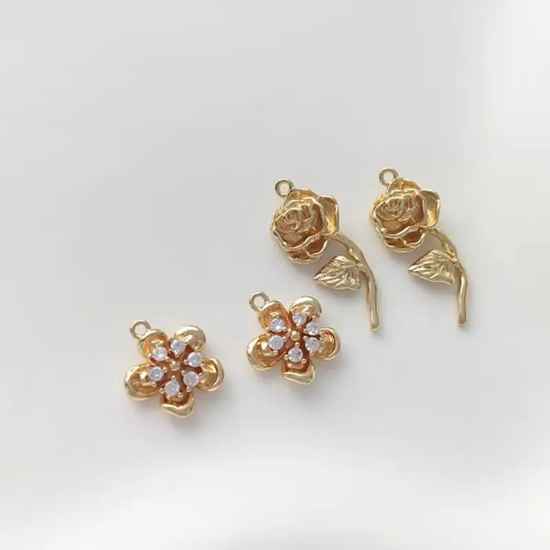 14K Gold Package Zircon Flower with Branch and Leaf Rose Pendant Handmade Earrings Necklace Bracelet DIY Jewelry Pendant