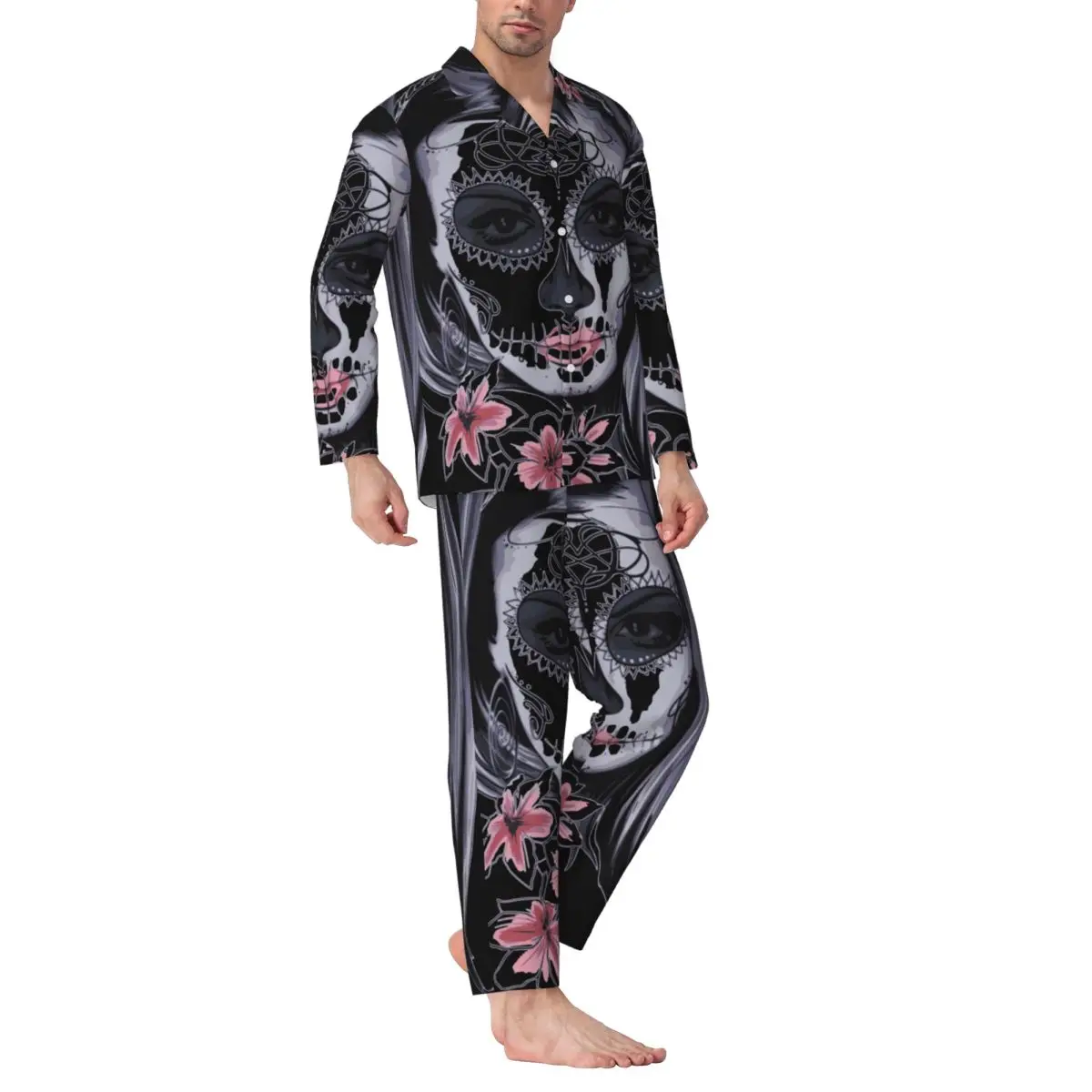 Katrina Skull Pantalones de manga larga Pijamas para hombres Conjuntos de ropa de dormir para el hogar de otoño e invierno