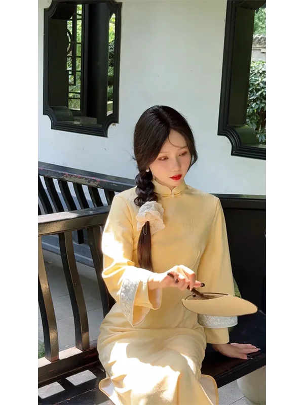 

Ele Young Sle Yellow Midi Dr Chinese New Sle Reformed Version Comfortable Long Sve Autumn Faion