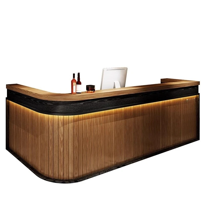 

Bar checkout page Bar restaurant Hotel counter Commercial milk tea shop Reception Solid wood curved corner retro