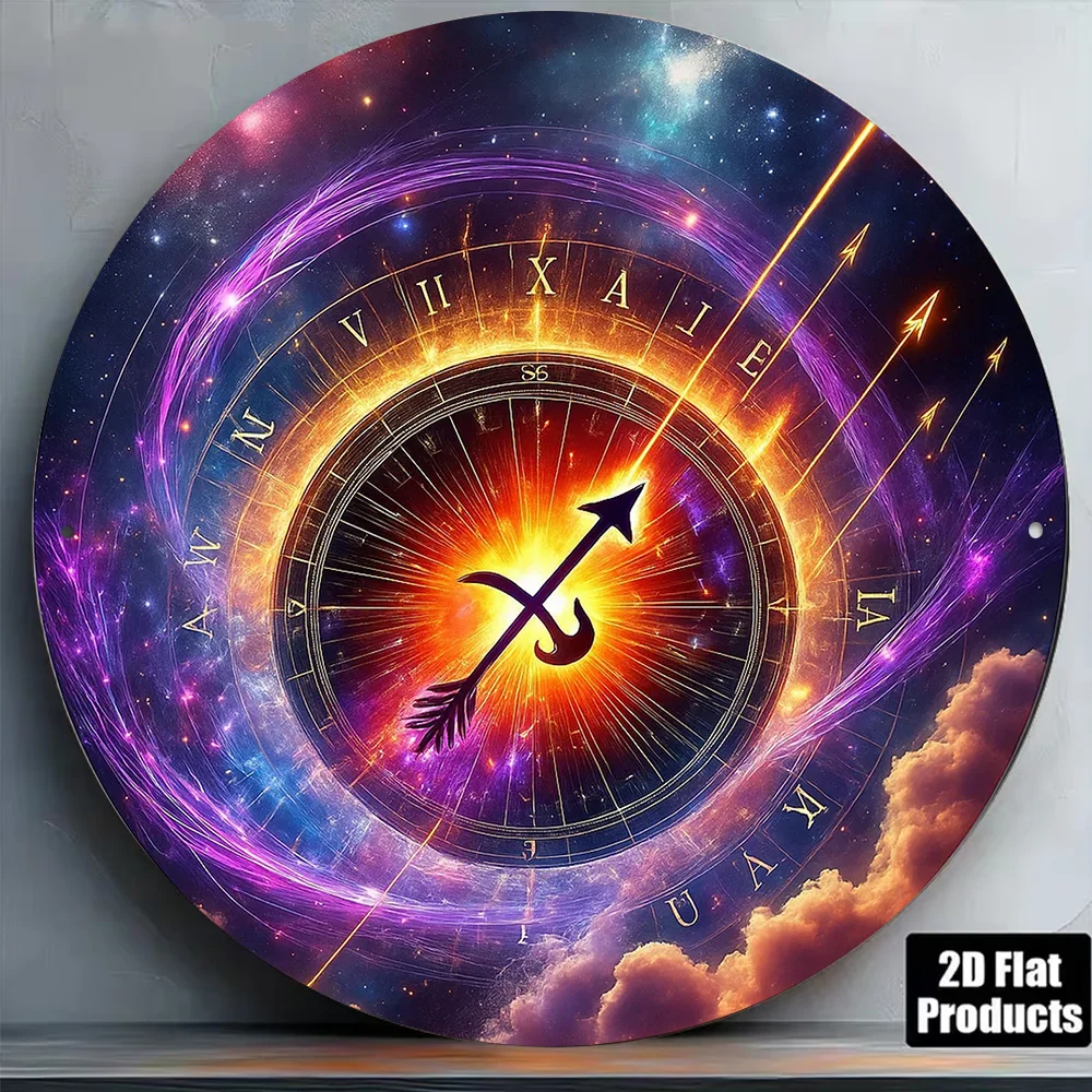 Vintage Round Aluminum Wall Art 8x8in Waterproof Sagittarius Zodiac Sign Decor for Bar Cafe Game Room Gift