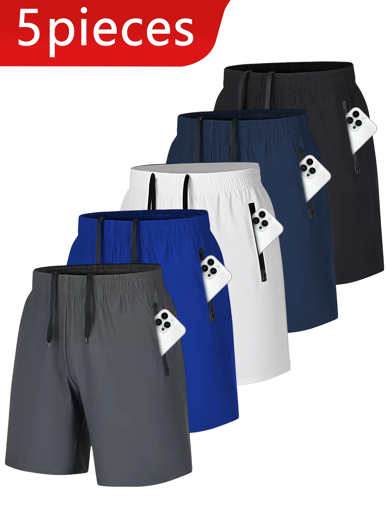 5PCS Men's Solid Color Quick Drying Shorts, Daily Home Casual Elastic Waist Drawstring ShortsWith Pocket Zipper, Quick Drying Co