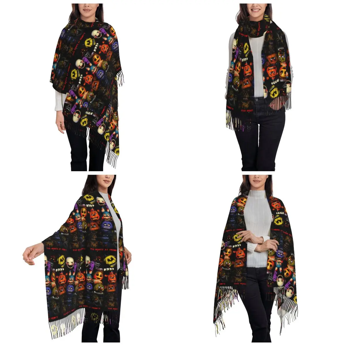 وشاح FNAF من Five N Ights At Freddy's أوشحة شرابة للسيدات شالات دافئة ناعمة ويلتف شال كبير للخريف والشتاء