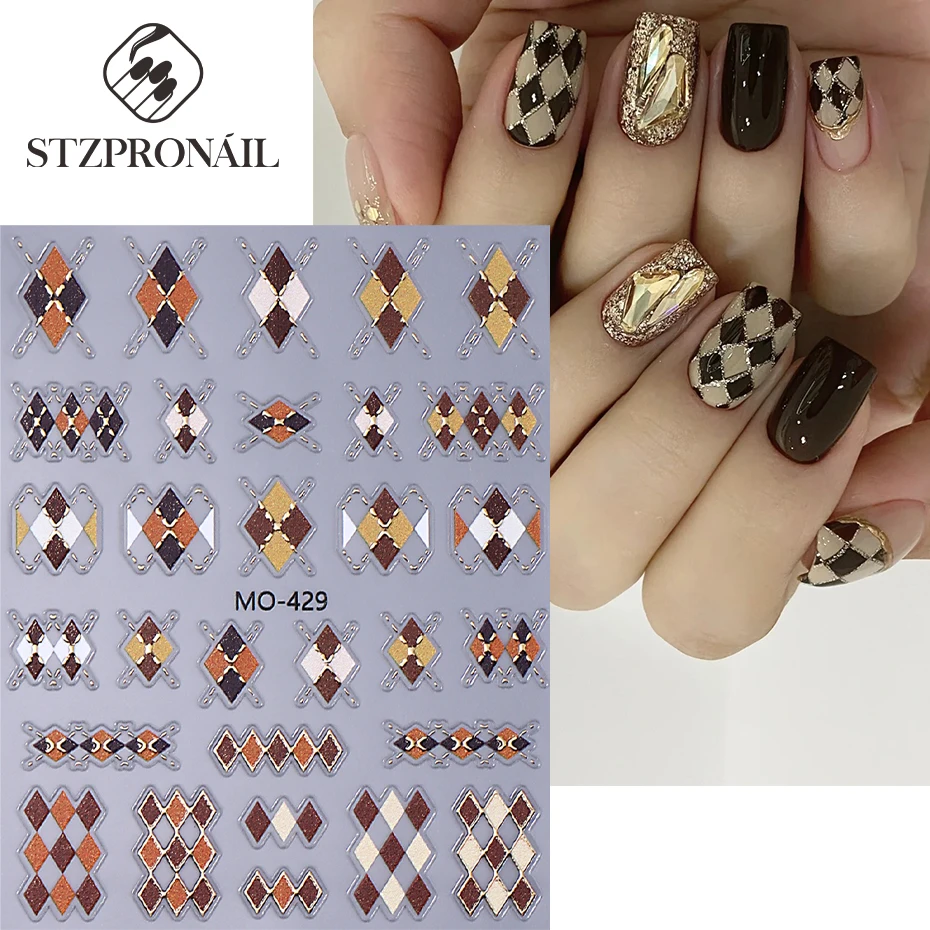 5D Colorful Lattice Argyle Shape Nail Stickers College Style Geometric Lattice Gold Line Slider DIY Manicure Art Decoration Tips