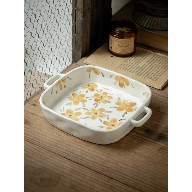

Japanese Hand Painted Flower Ceramic Square Plate Heat Resistant Double Ear Baked Rice Baking Tray