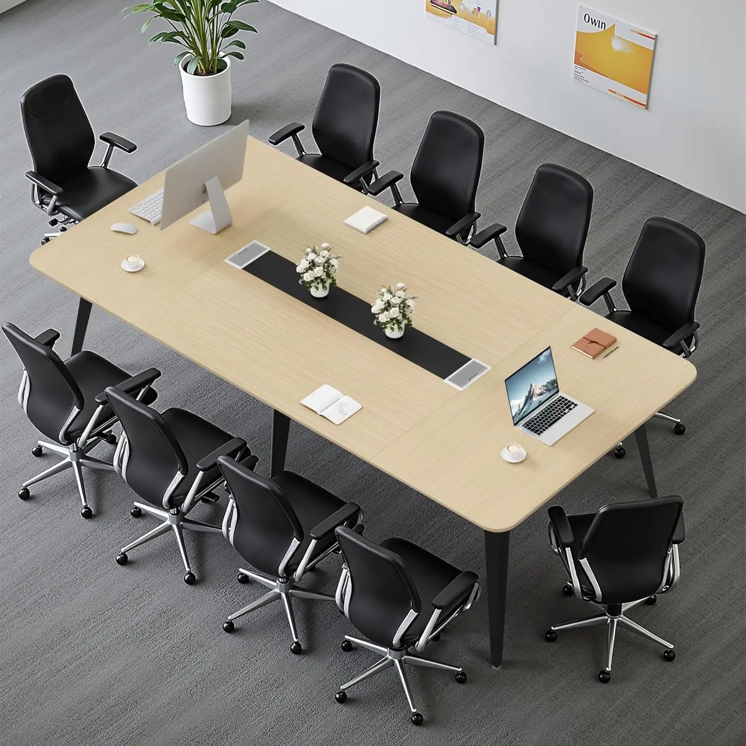 Table, 94.48” Meeting Seminar Table with Cable Grommets, Boardroom Table Workstation for Office Conference, Meeting Room (Light