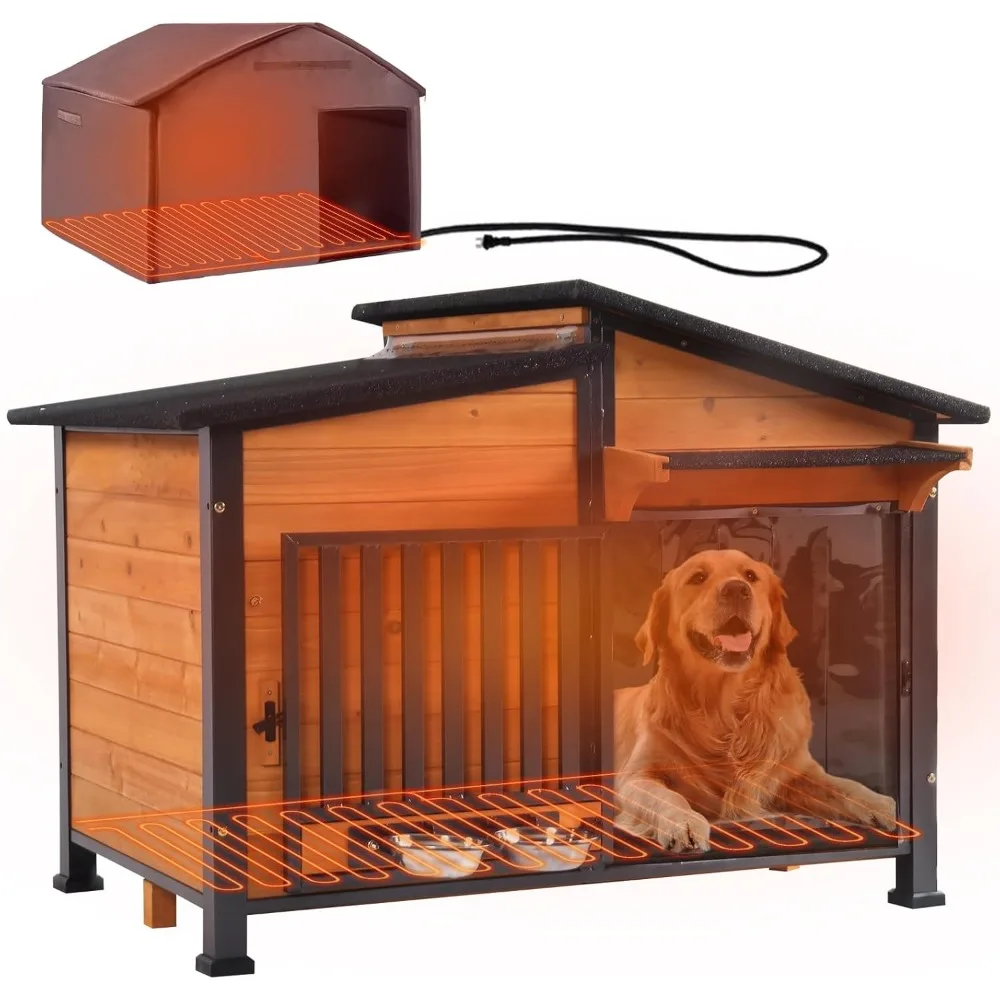

GUTINNEEN Heated Dog House Outdoor Large Dog Kennel with All-Around Heavy-Duty Iron Frame,Weatherproof Dog Cage with Insulated L