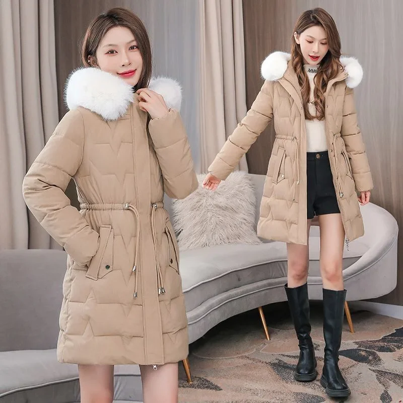 Doudoune longue à capuche pour femme avec col en fourrure, manteau en coton, veste optique, parka monochrome, combat de degrés froids, hiver, nouveau