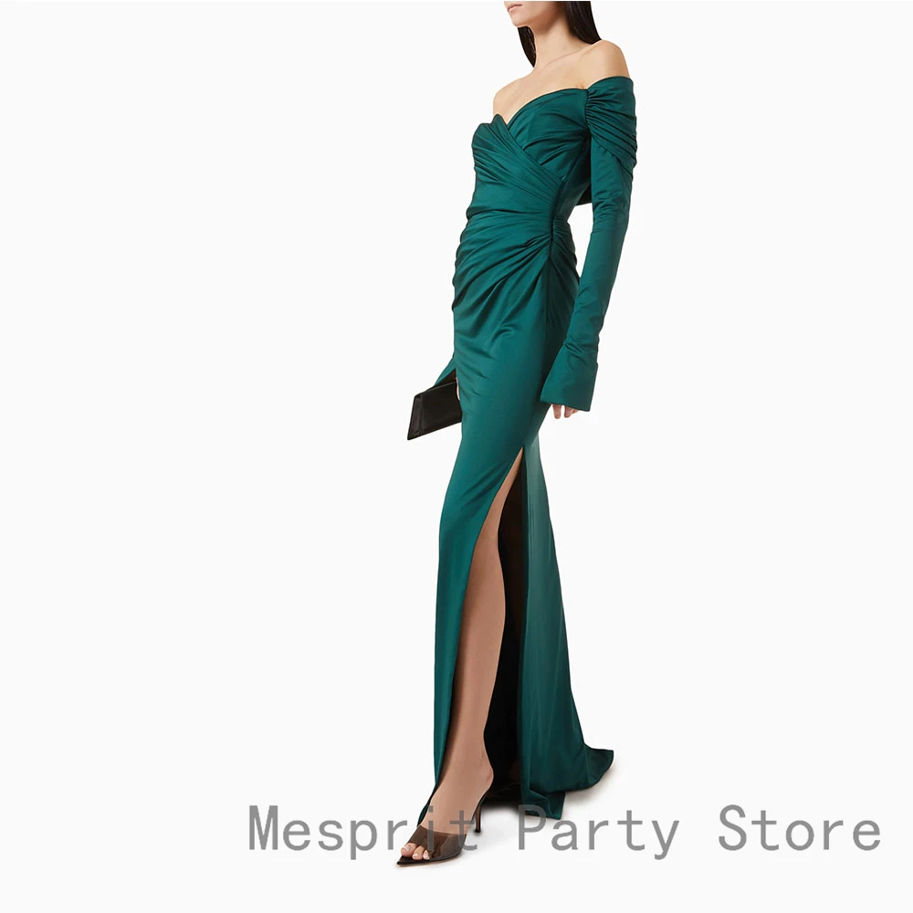 فستان سهرة نسائي أخضر أنيق غمد بأكمام طويلة فستان حفلة موسيقية طول الأرض شق فستان رسمي للحفلات مطوي فستان سعودي