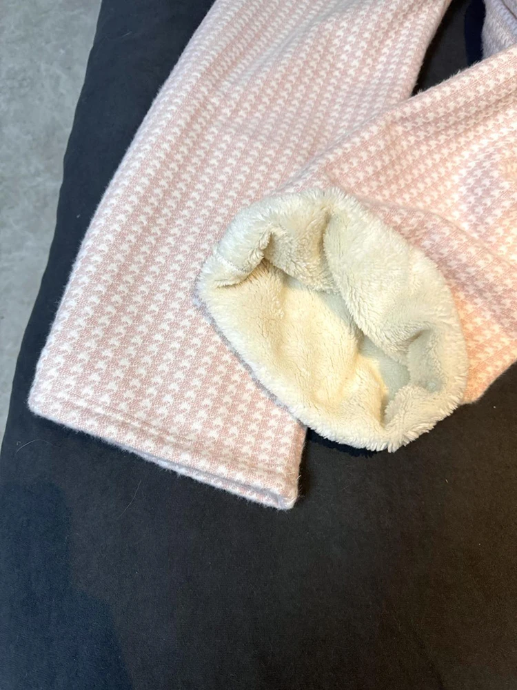 Celana Kotak-kotak Merah Muda Wanita Celana Panjang Fashion Kasual Longgar Rapi Manis Mewah Musim Dingin Celana Kaki Lebar Lurus Pinggang Tinggi Korea Sederhana