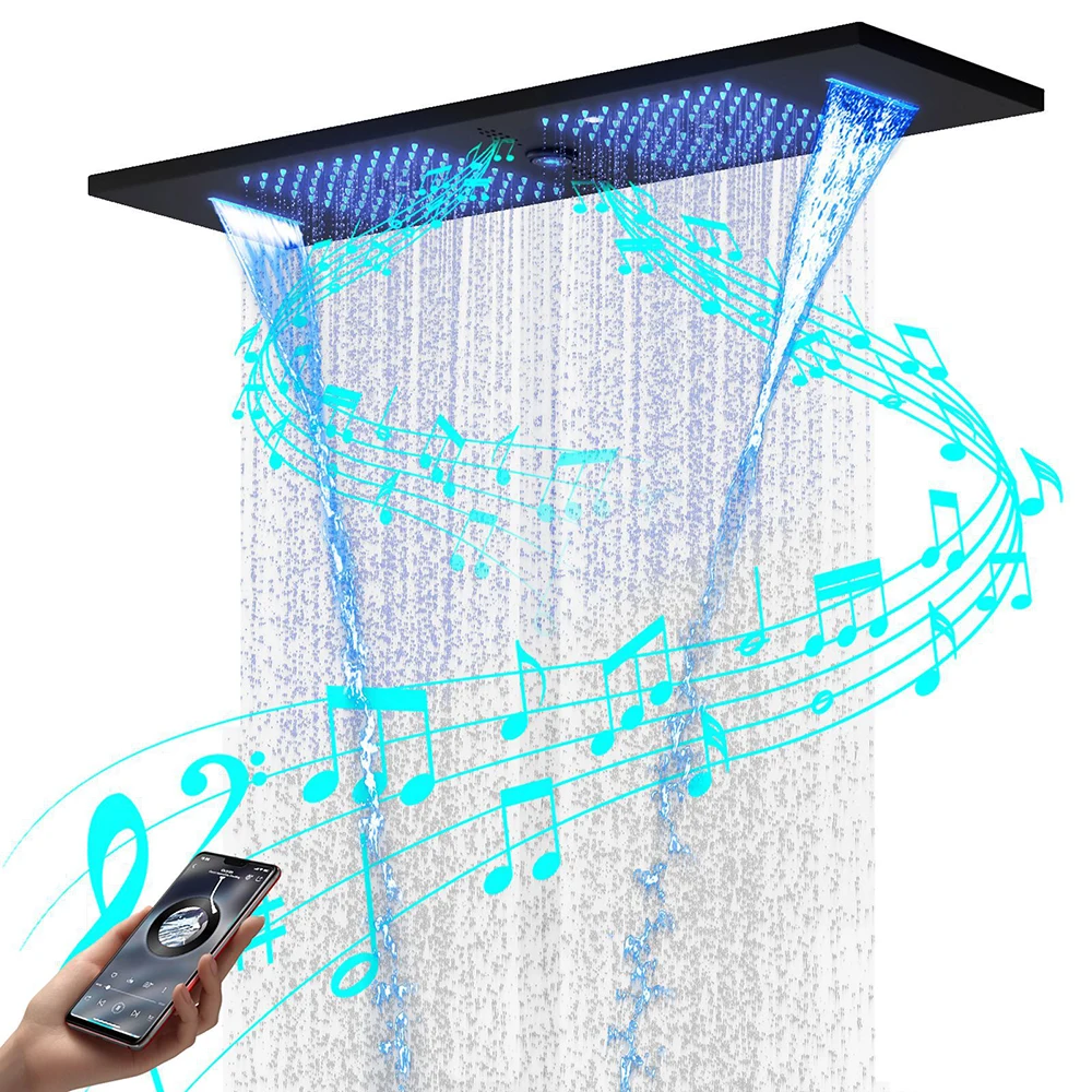 Luxury 900×300mm Ceiling Shower Head LED light Bluetooth Music 4 Functions Large Overhead Shower SPA Bathroom Showerhead