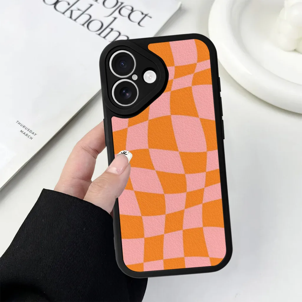 Phone Case For iPhone 16 Pro Max Plus Silicone Skin Case Warped Checkered Pattern (orangepink)