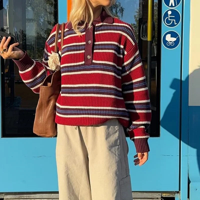

﻿ Women Y2k Preppy Red Striped Knit Sweaters 2025 Fall Turn Collar Color Block Long Sleeve Loose Fit Pullover Tops Streetwear