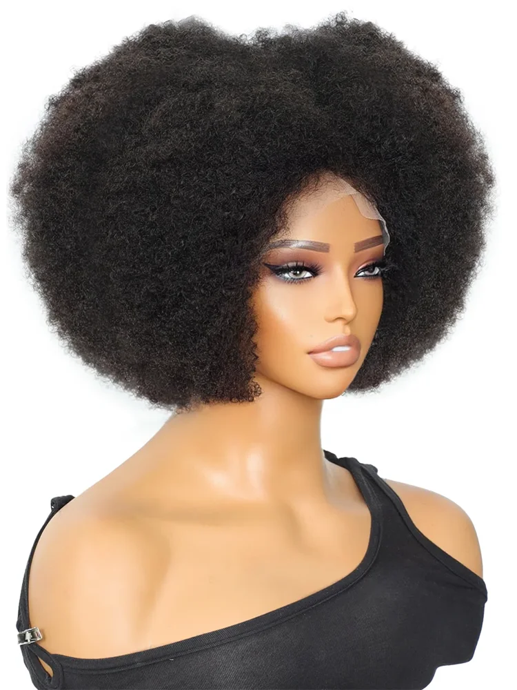 AFRO-Kinky Curly Bob Peruca, Cor Natural, Peruca Glueless, Pronto para Vestir, 250% Densidade, Remy Cabelo Humano, Acessível