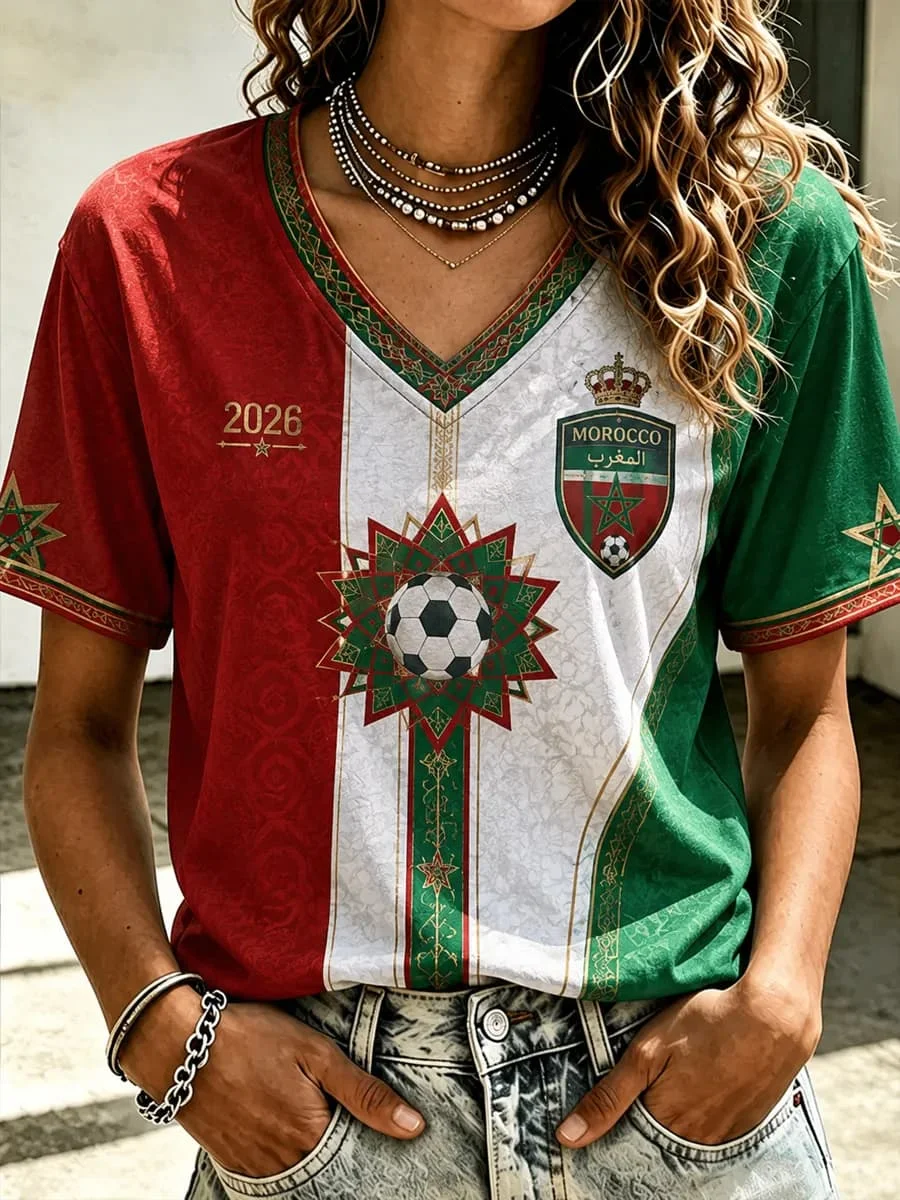 Morocco National Team Flag T-Shirt Women's V-Neck Sportswear with 