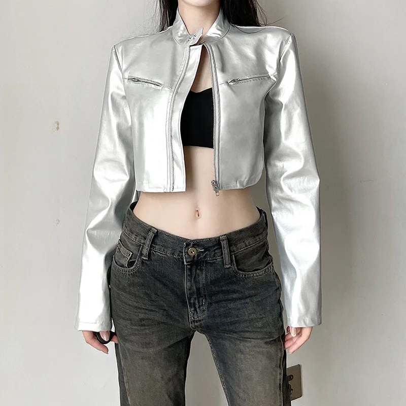 Slish Silver Short Biker Sle Leather Jacket Women Open Cardigan Stand Collar Versatile Dancing Top PU Material Long Sleeve