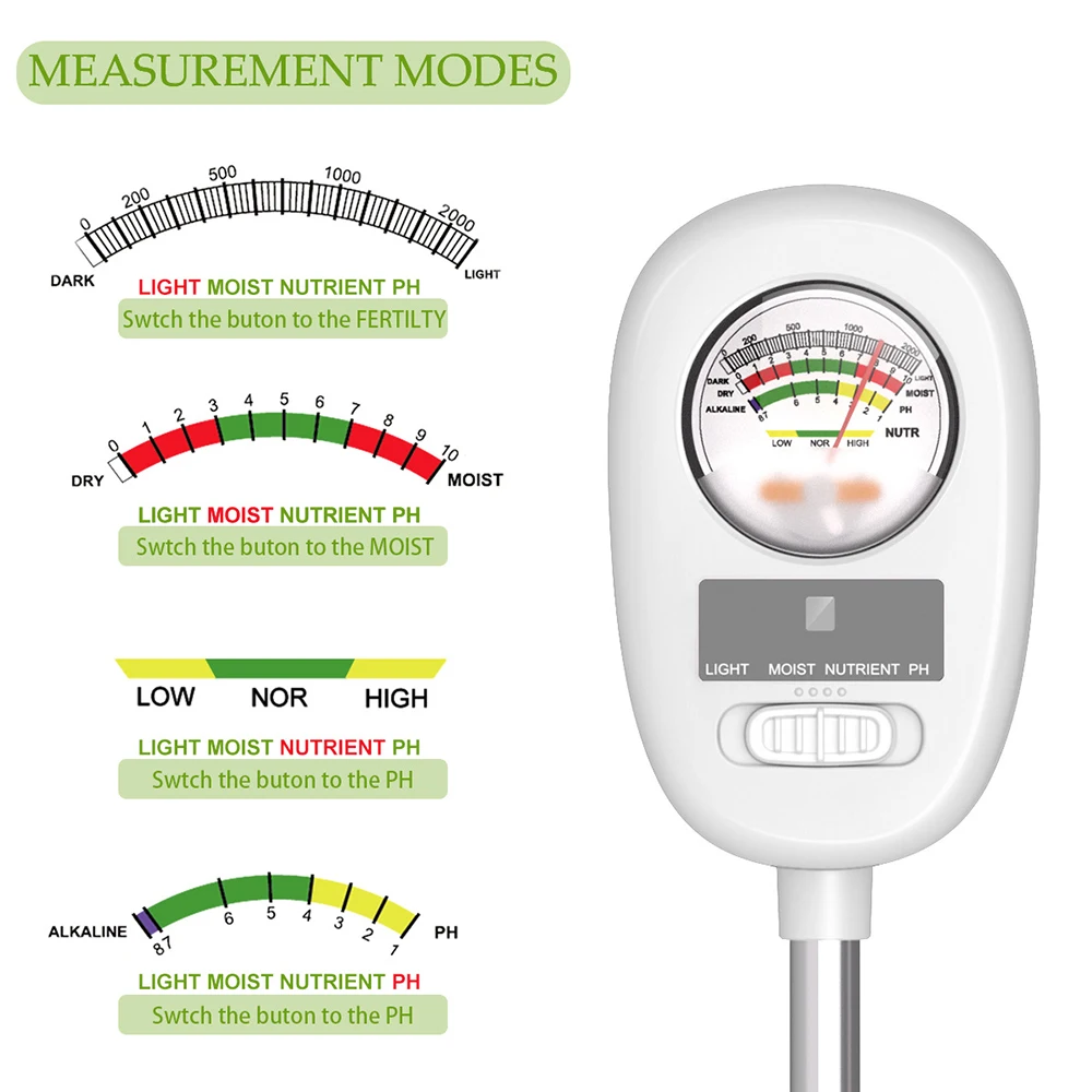 Soil PH Value Light Moist Nutrient Test Meter Plant Cultivation Gardening Tools 4in1 Indoor Potted Plant Measuring Instrument