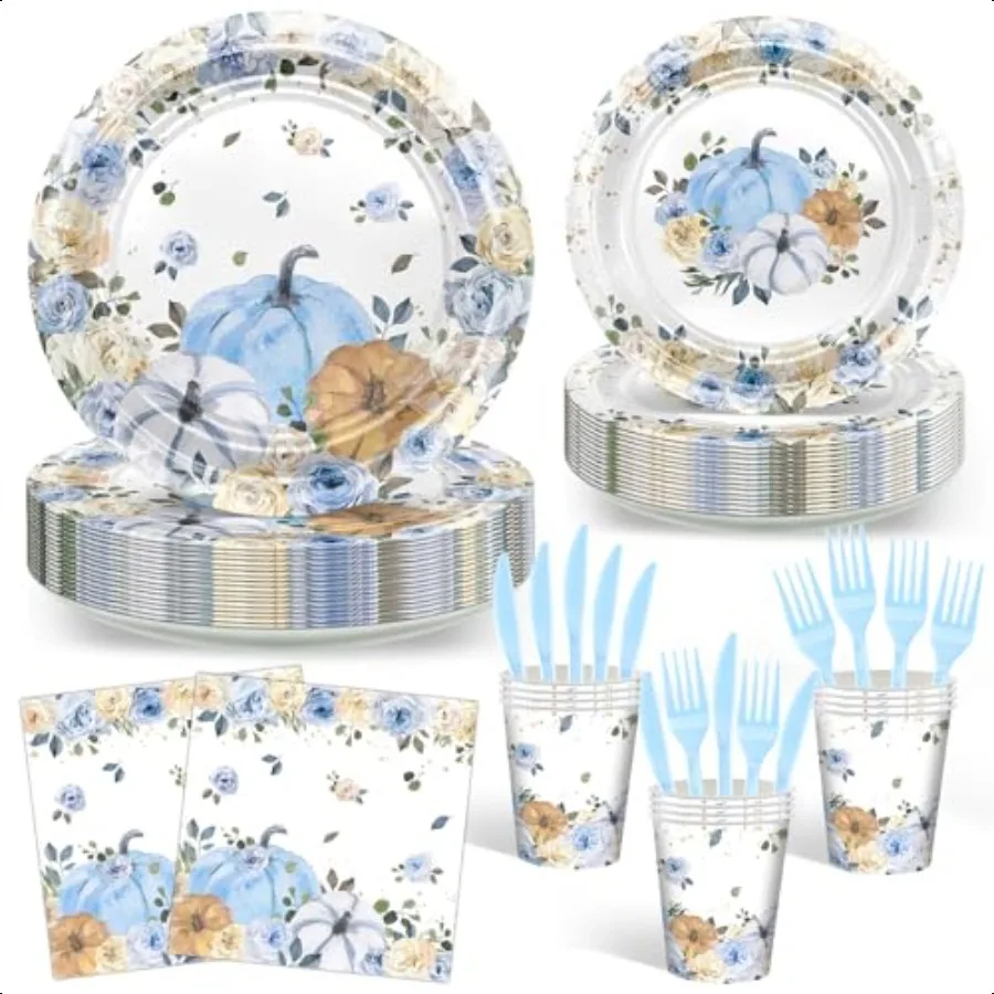 

144 pcs Fall Pumpkin Plates and Napkins Tableware Blue Floral Pumpkin Baby Shower Decorations Fall Gender Reveal Birthday Brid