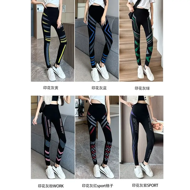 حجم كبير طماق مشروط متعدد الألوان-الخريف السراويل المطبوعة عالية تمتد ، منتصف الخصر 9 طول المضادة للبيلينغ لباس خارجي نحيل الجوارب #6