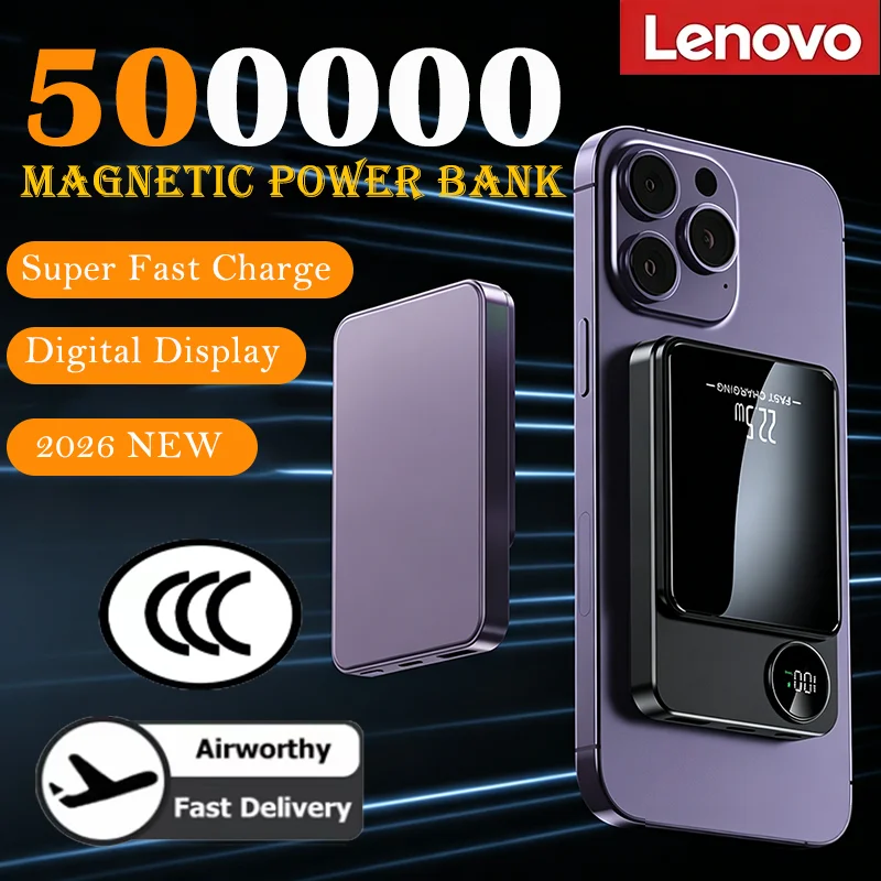 Lenovo 500000mAh Wireless Magnetic Power Bank PD22.5W Super Fast Charging Portable External Battery for Huawei iPhone Samsung