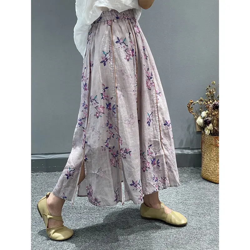 

Cotton and Linen Printed Skirt for Women with Lean and High-waisted Skirts