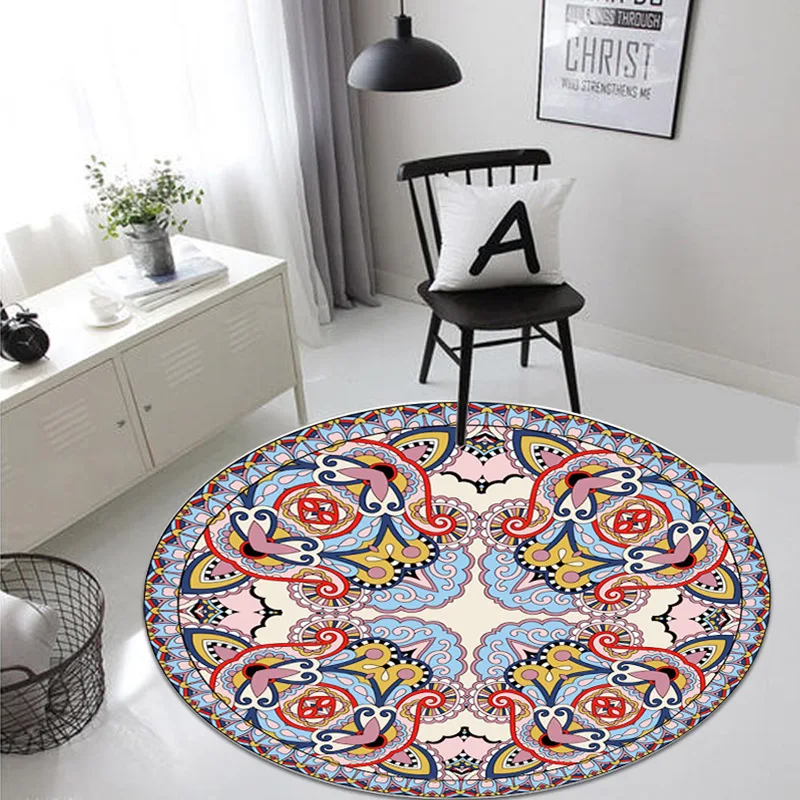 

Bohemian Style Non-Slip Floor Area Rugs, Mandala Flower Pattern, Ethnic Round Mat Decoration, Home, Living Room, Bedroom, Bath