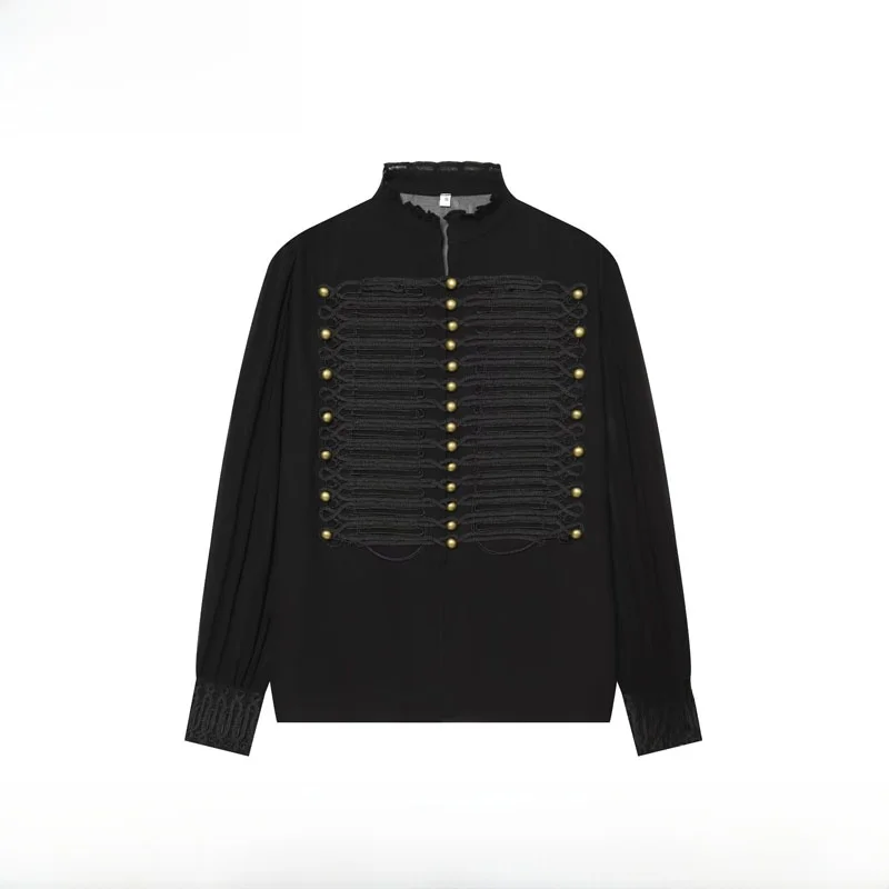 Early Autumn New Women's Fashionable round Neck Long Sleeve Shirt with Buttons Transparent Polyester Loose Fit Ladies Shirt