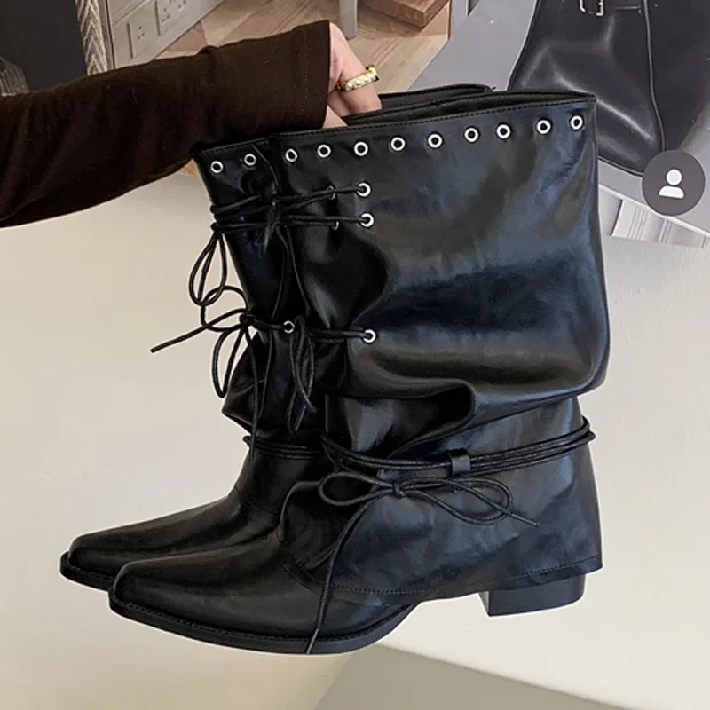 Eilyken New Design Rivet Eyelet Lace‑up Mid‑Calf Women's Boots Fashion Cosy Soft Leather Pointed Toe Block Heels Shoes