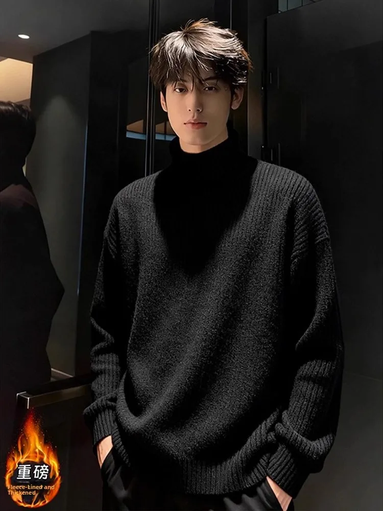 

Men's High Collar Fce Lined Knitted Sweater Thi Warm Base Layer irt Korean Sle Loose Fit Daily Wear Bla