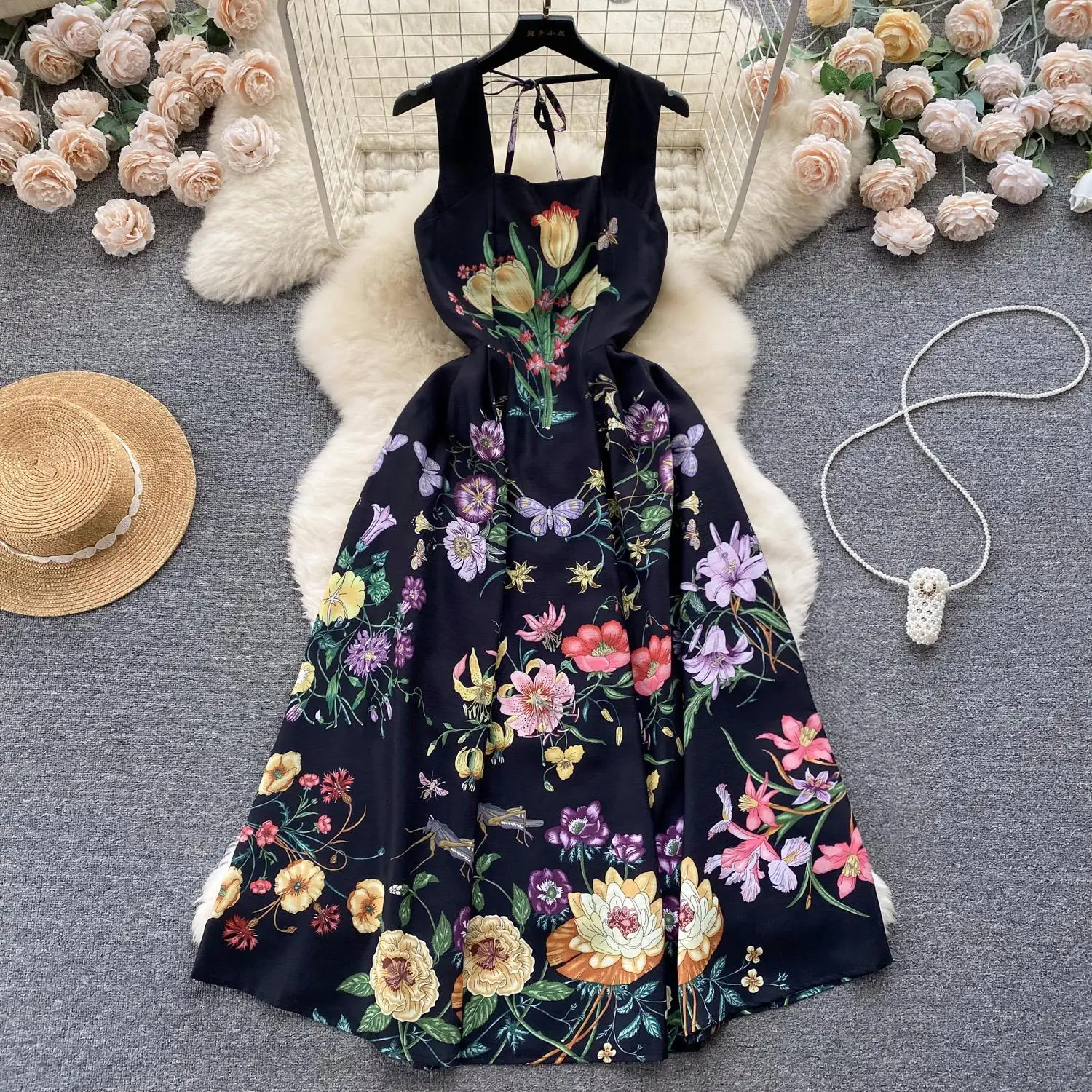 

Summer Autumn Floral Print Square Neck Sleeveless Empire Waist Women Sweet Beach Sundress Backless Midi Slip Dress N805