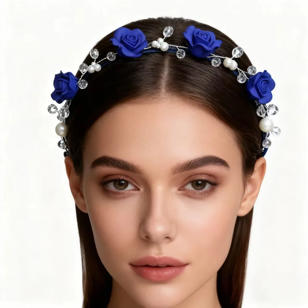 Haaraccessoires: Braut-Stirnband mit Rosenblüten, Party- und Performance-Haarkranz mit Rosenblüten, Perlenblumen-Haarband für Damen