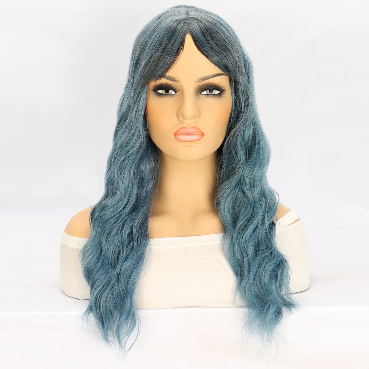 women's fashionable chemical fiber head covers blue figure-of-eight bangs long curls water ripples wig