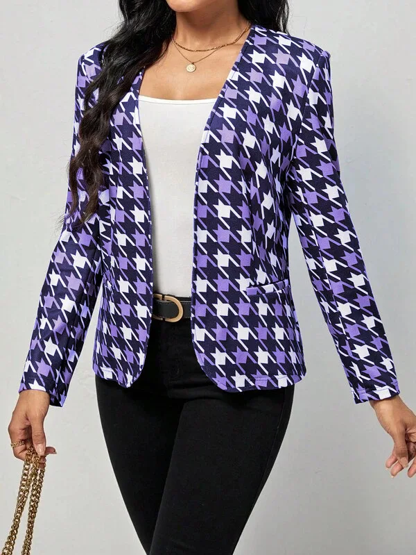 Autumn Winter New Casual Printing Pocket Women Blazer Coat Minimalist Office Slim Fit Female Coats