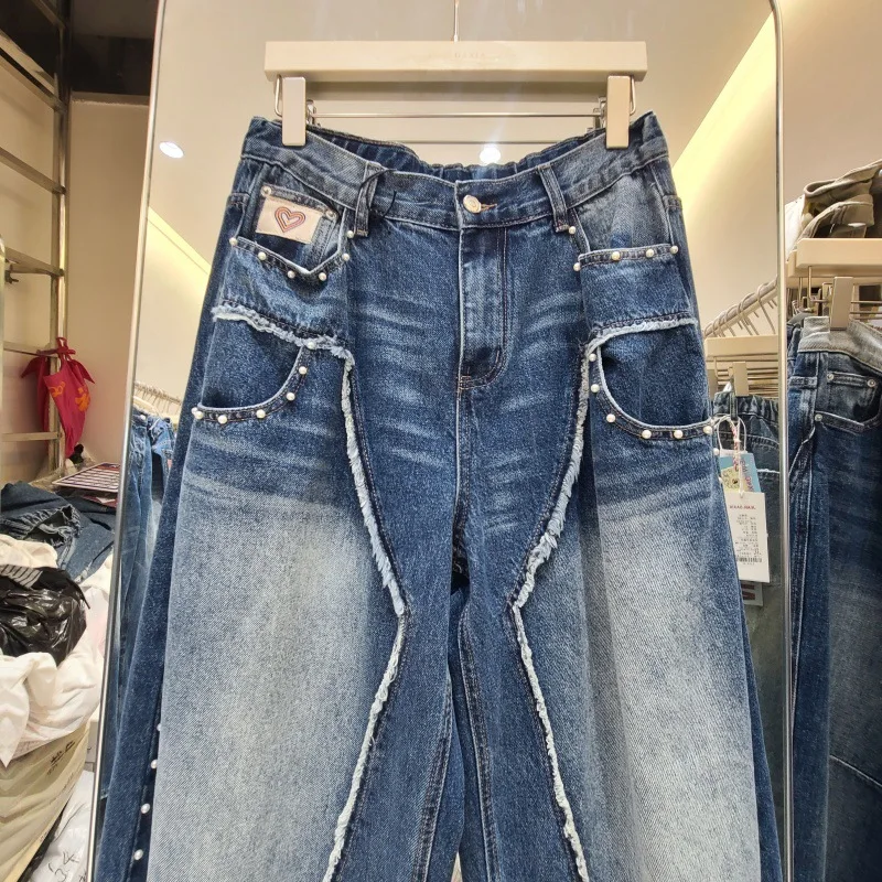 SuperAen European and American Style Women's Denim Embroidered Flares Pants Summer New Oversize High Waist Fashion Washed Pants