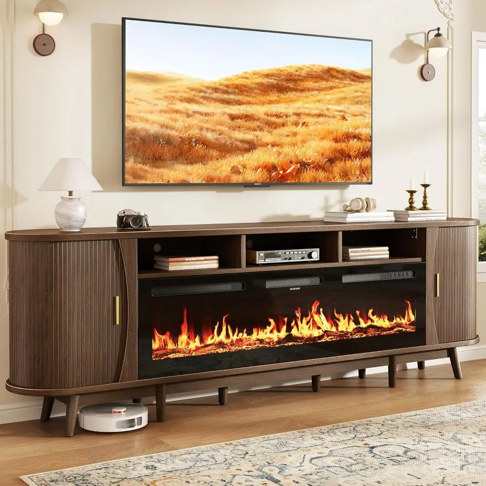97" ireplace TV Stand or 100" TV, Century ern Entertainment Center with 60" Electric ireplace, Media ole with Sliding Do& Adjust