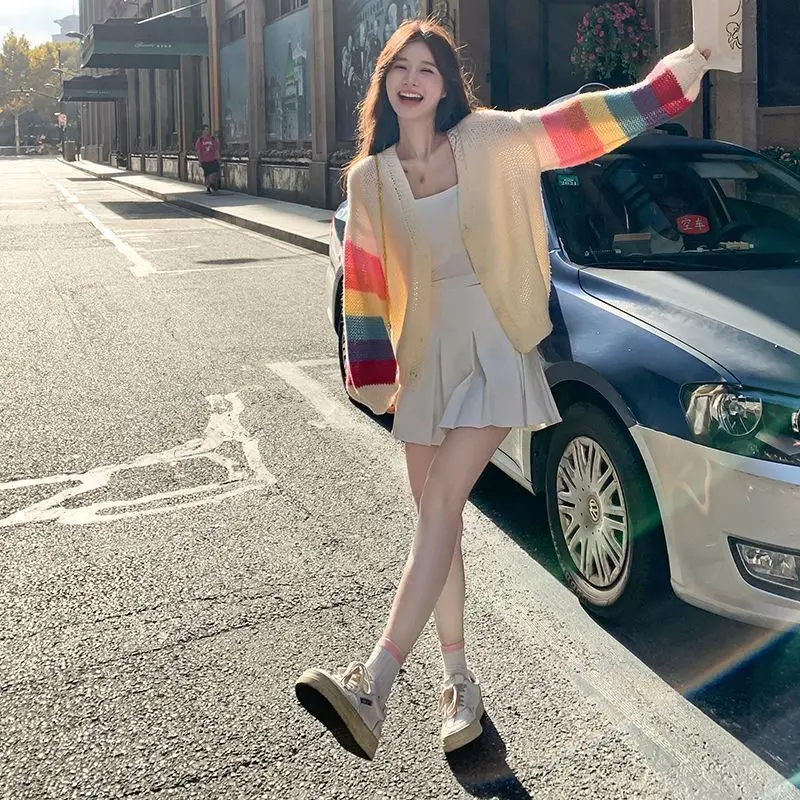 Knitted Cardigan Women\'s Spring and Autumn New Style Temperament Versatile Fashion Rainbow Contrasting Sweater Jacket